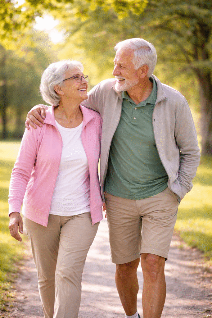 Simple Daily Habits for Better Physical Wellbeing. Here, Smiling elderly couple walking arm in arm along a tree-lined park path, enjoying a relaxed outdoor stroll that reflects healthy, active ageing and wellbeing.