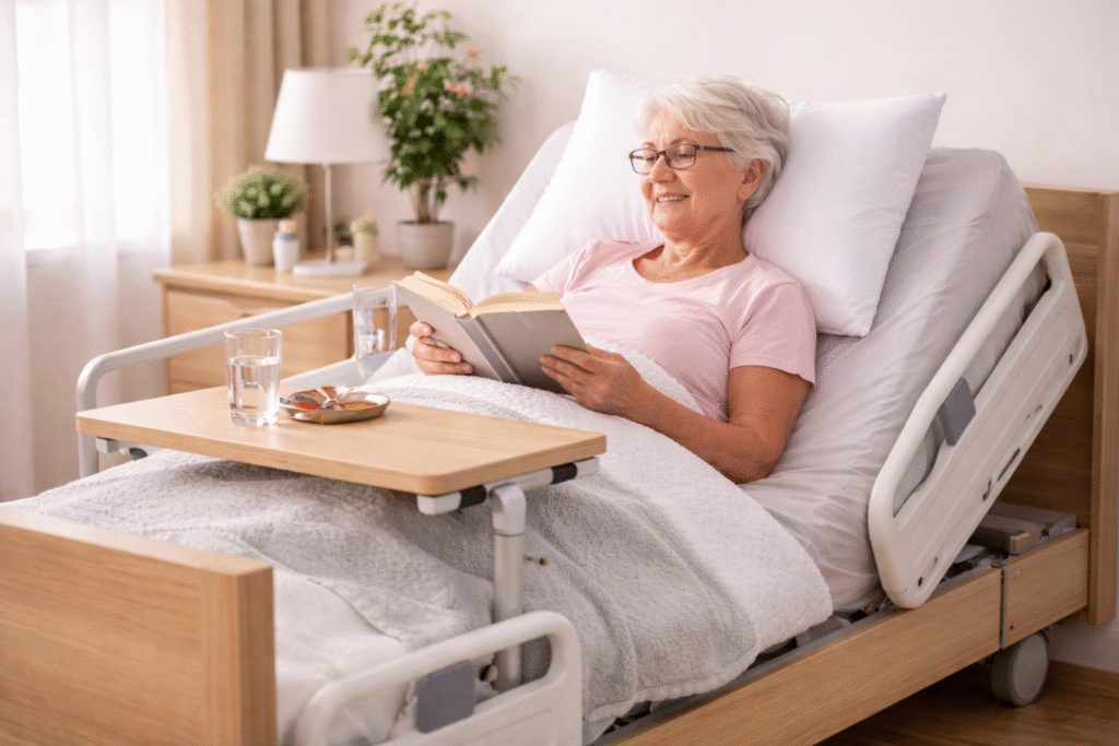 Elderly woman relaxing and reading a book on an adjustable care bed at home, enjoying comfort, support, and independent living.