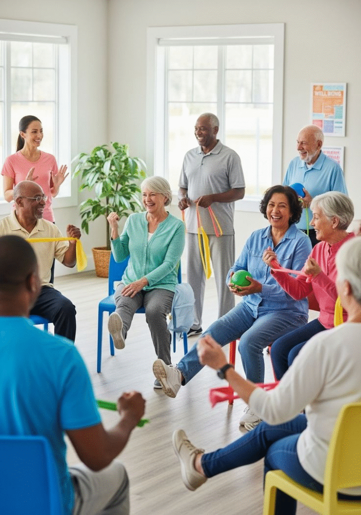 Older adults doing a seated exercise class for better physical wellbeing