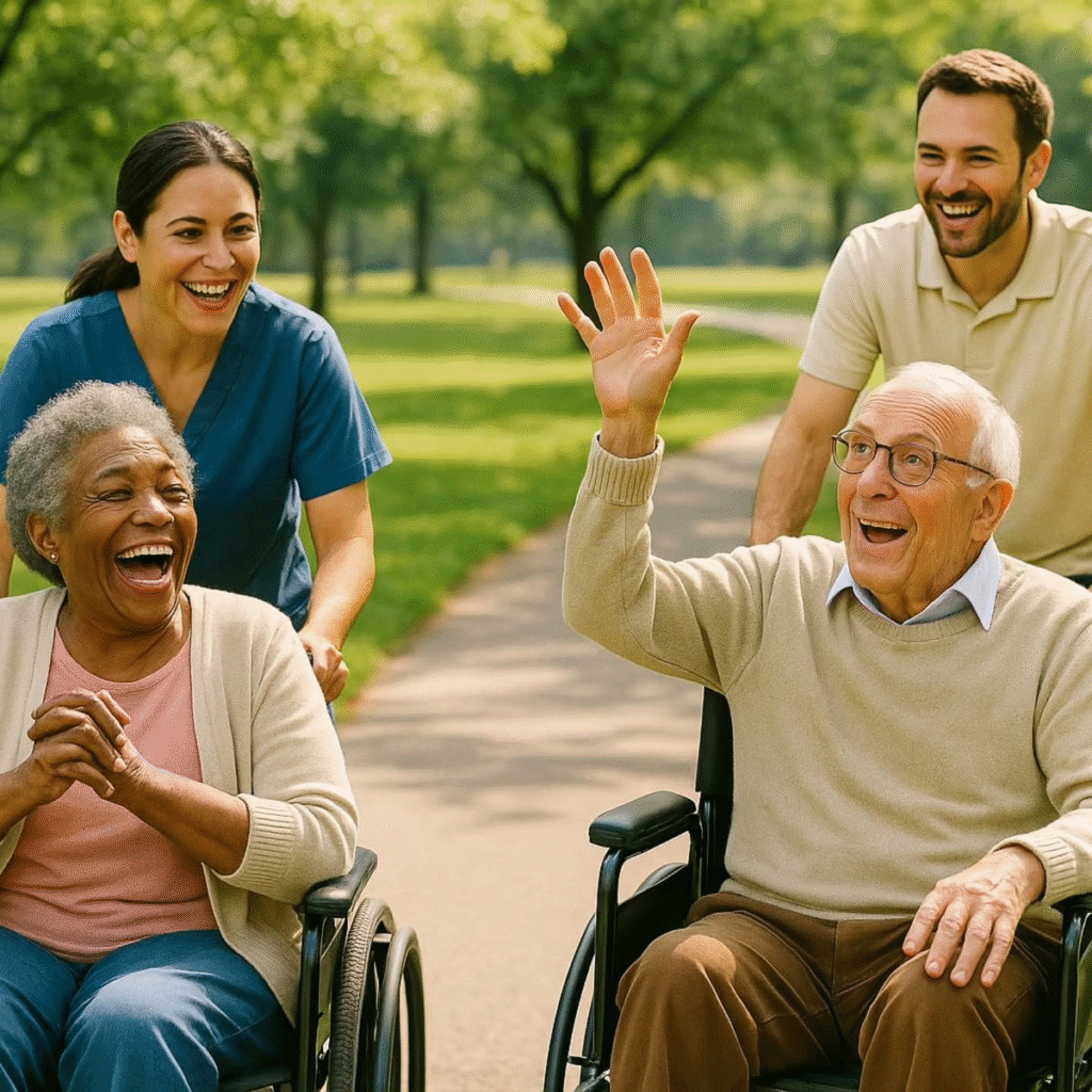 Examples of daily living aids showing seniors in wheelchairs with carers enjoying safe mobility outdoors