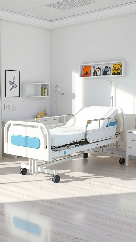 Hospital bed for home use in a bright bedroom, showing adjustable rails, wheels, and a safe setup for daily care.