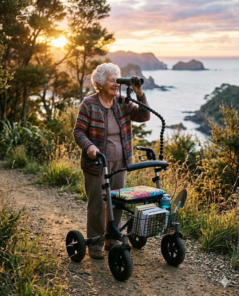 Older person using a walking aid outdoors to boost confidence with assistive equipment and maintain independence