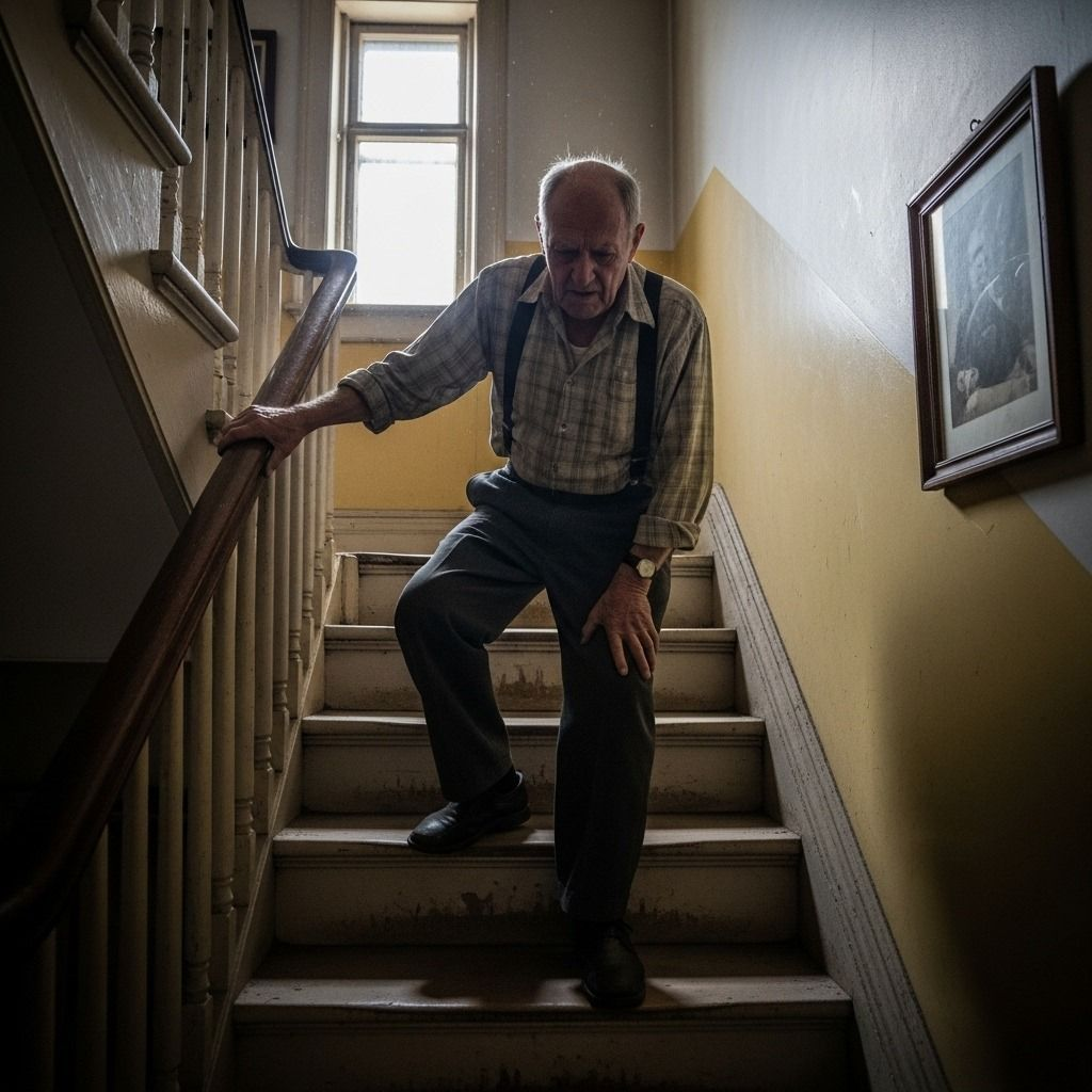 Older person using a stair handrail at home, showing signs of needing mobility support