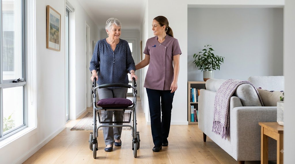 Carer assisting an older person using mobility aids at home