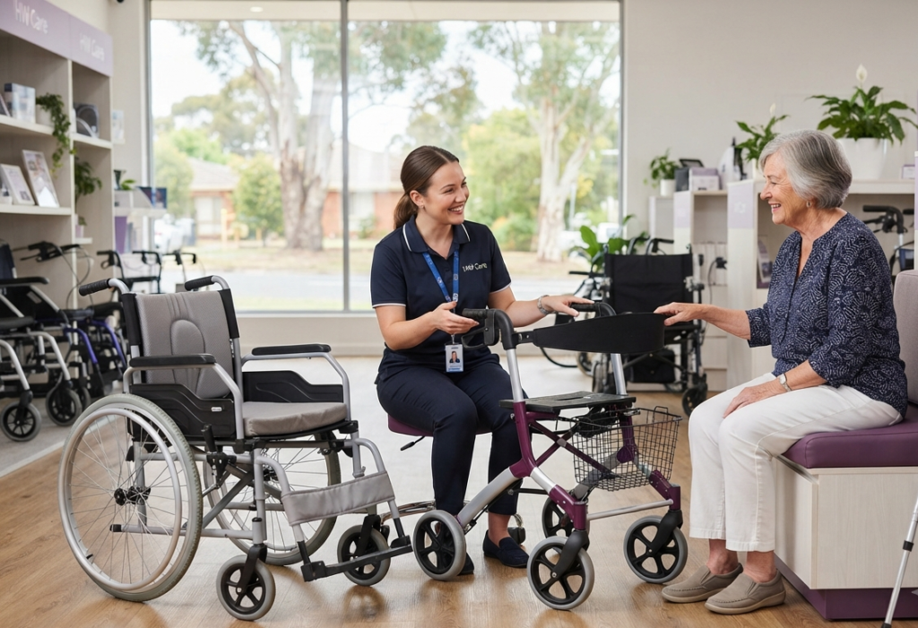 Healthcare professional helping an older Australian choose a suitable mobility aid