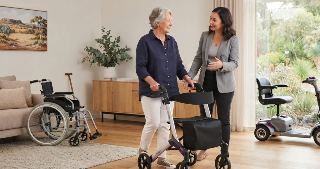 Top mobility aids in Australia including a wheelchair, rollator, walking stick and mobility scooter